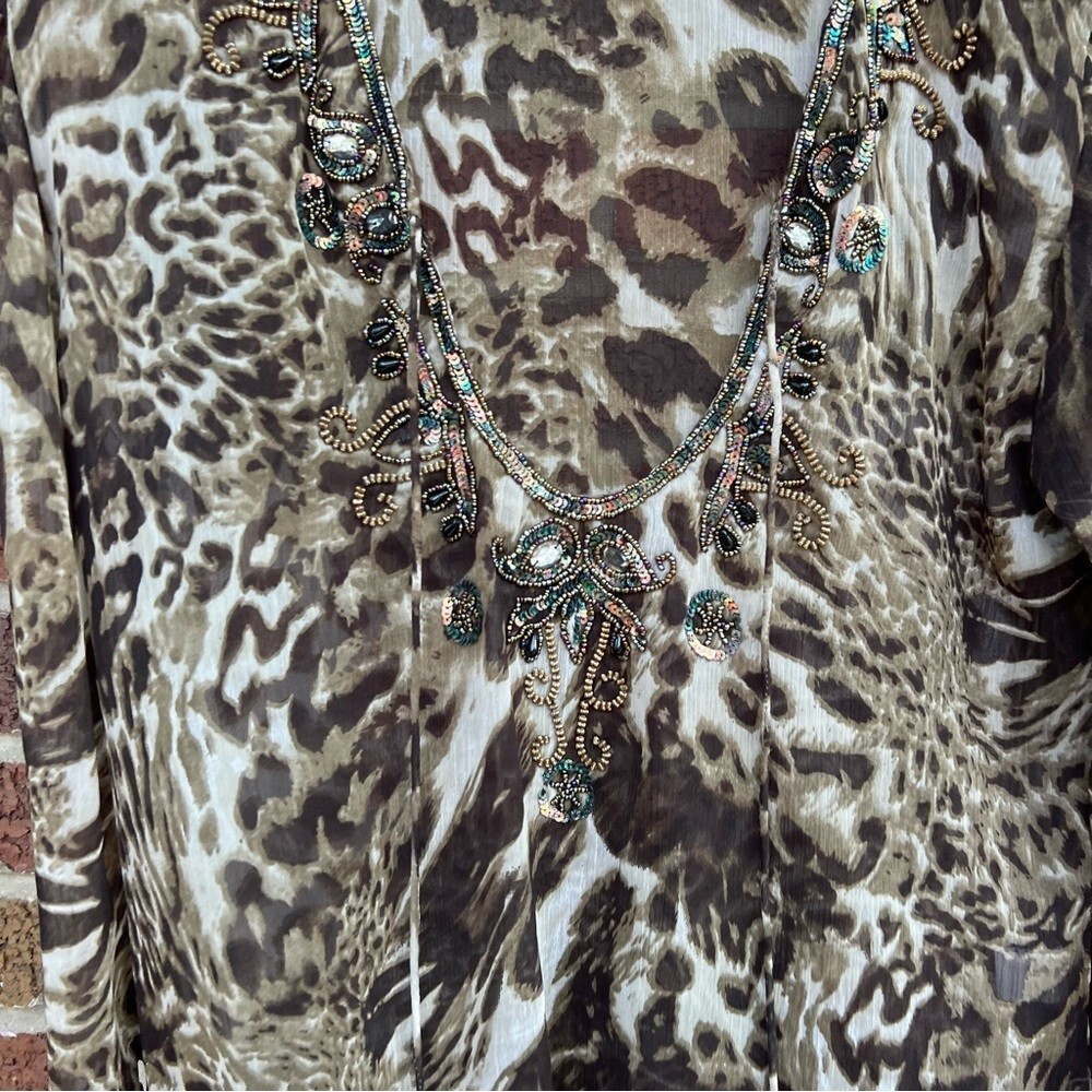 Rhona Sutton Brown and Cream Sequin Beaded Tassel Cheetah Print Chiffon Cover Up