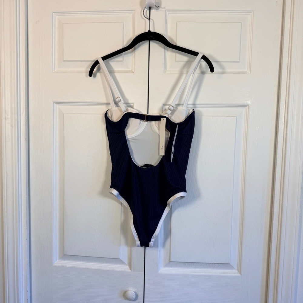 Aqua Swim Underwire One Piece Swimsuit Navy Blue White LARGE