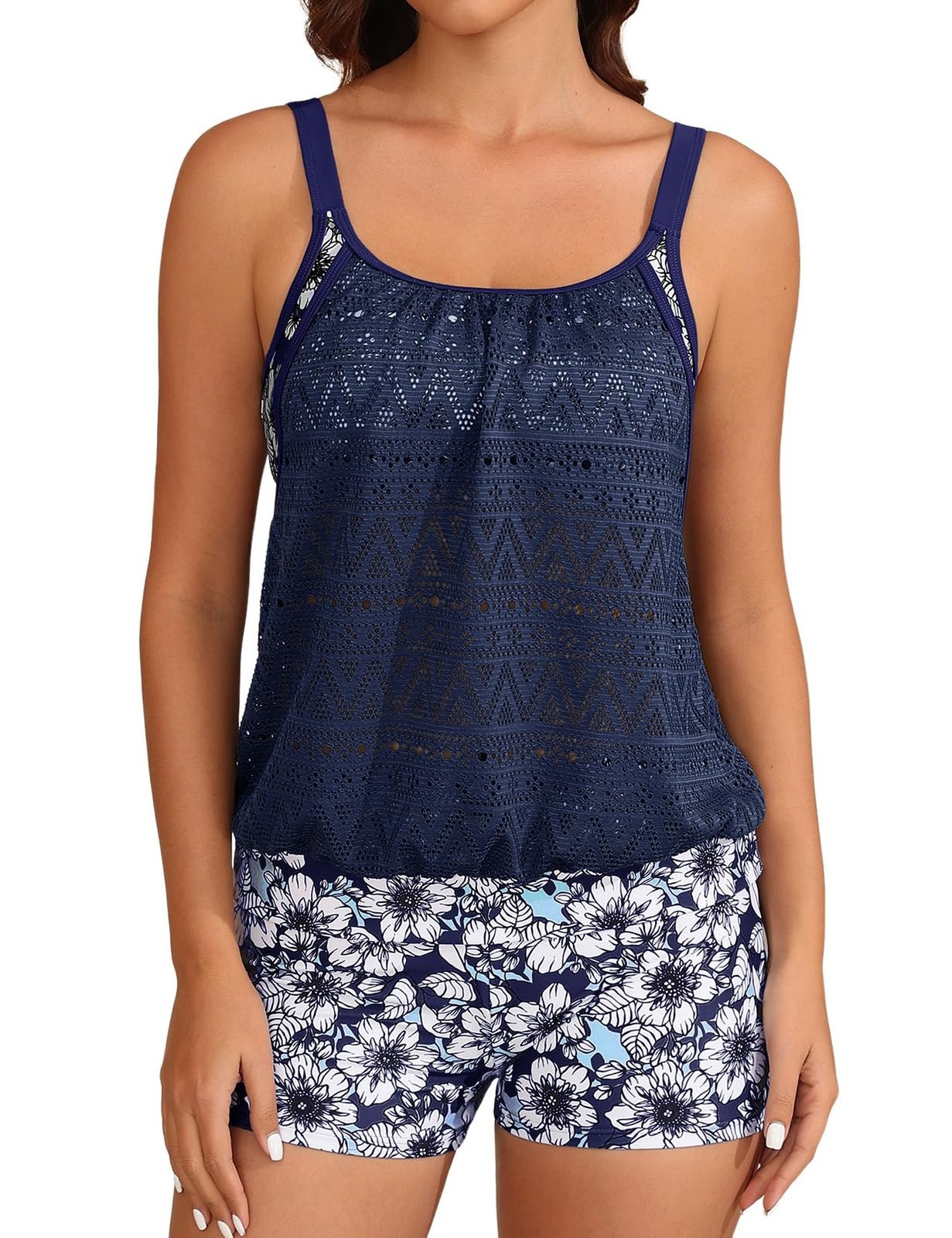 UMIPUBO Women’s Modest Two Piece Tankini Swimsuit Mesh Blouson Tank Top with …