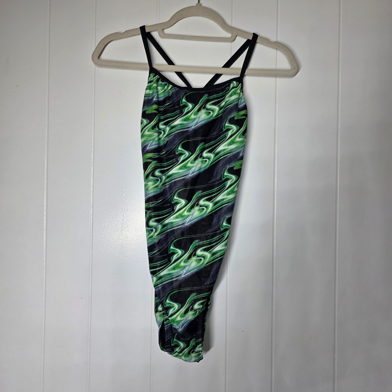Dolfin Uglies Womens One Piece Swimsuit 36 Green Black Swirl Flame Athletic Swim