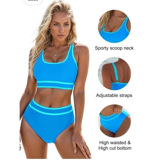 Blue Turquoise Sporty High Waisted Bikini Set Scoop Neck Two Piece Swimsuit M