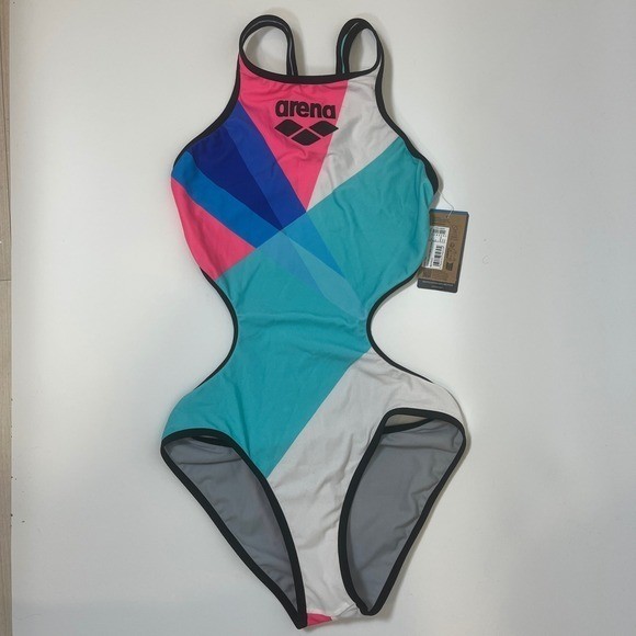 Arena One Placement Tech Back Swimsuit Multi Black Geometric Cutout One Piece 36