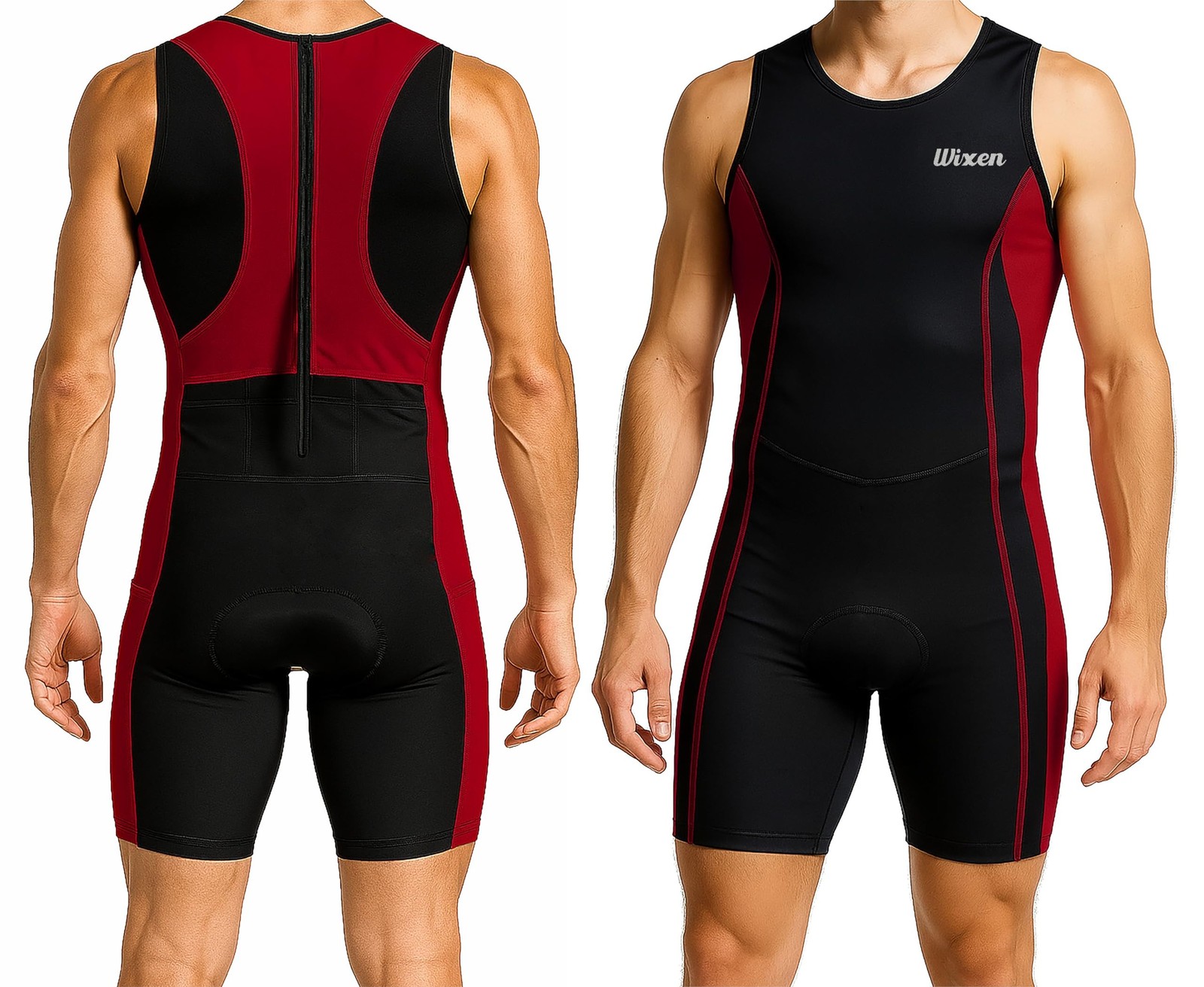 Wixen Men’s Triathlon Suit – Padded One-Piece Sleeveless Trisuit with Rear Zi…