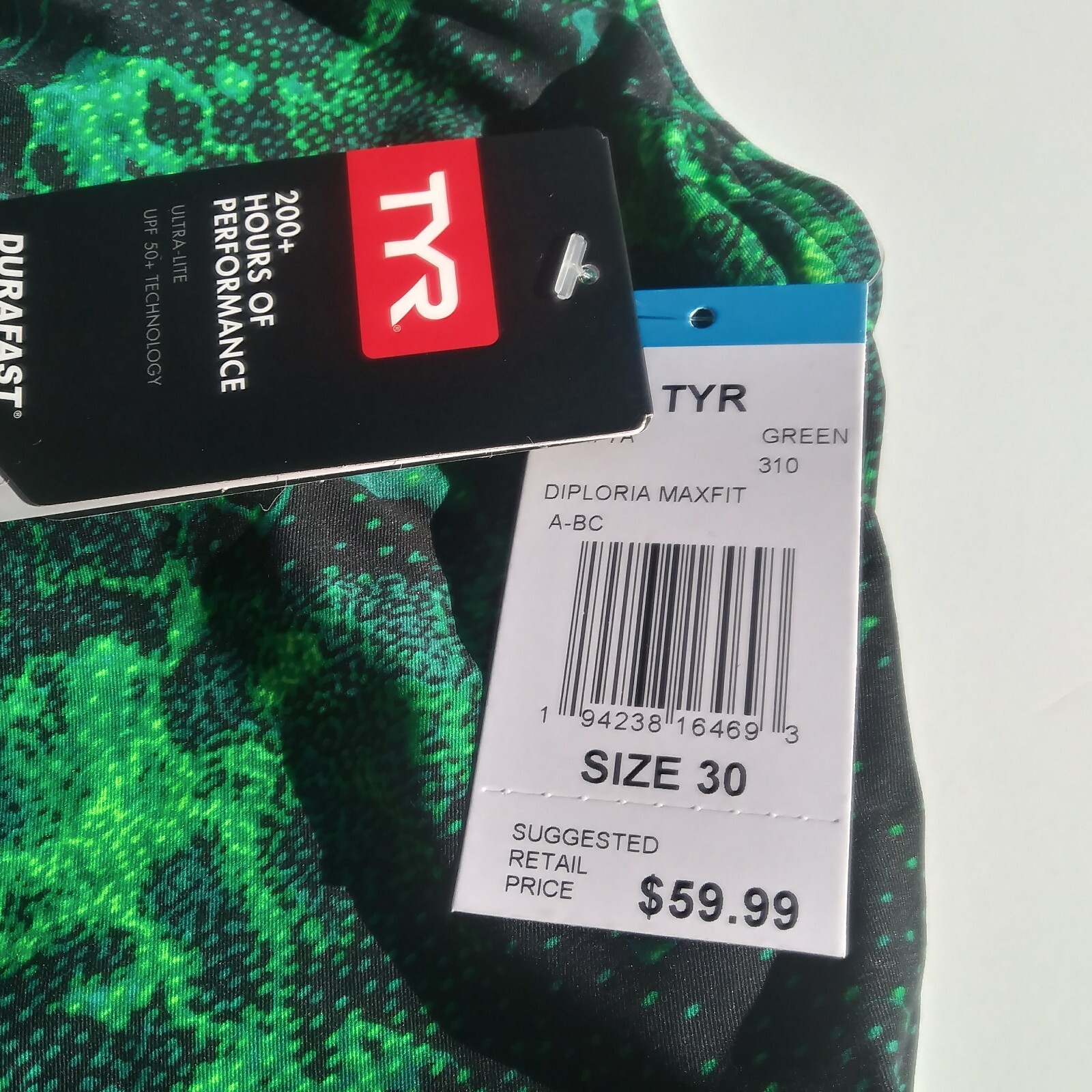 TYR Diploria Maxfit Women’s 30(XS) 1Pc Athletic Swimsuit Green Black Racerback