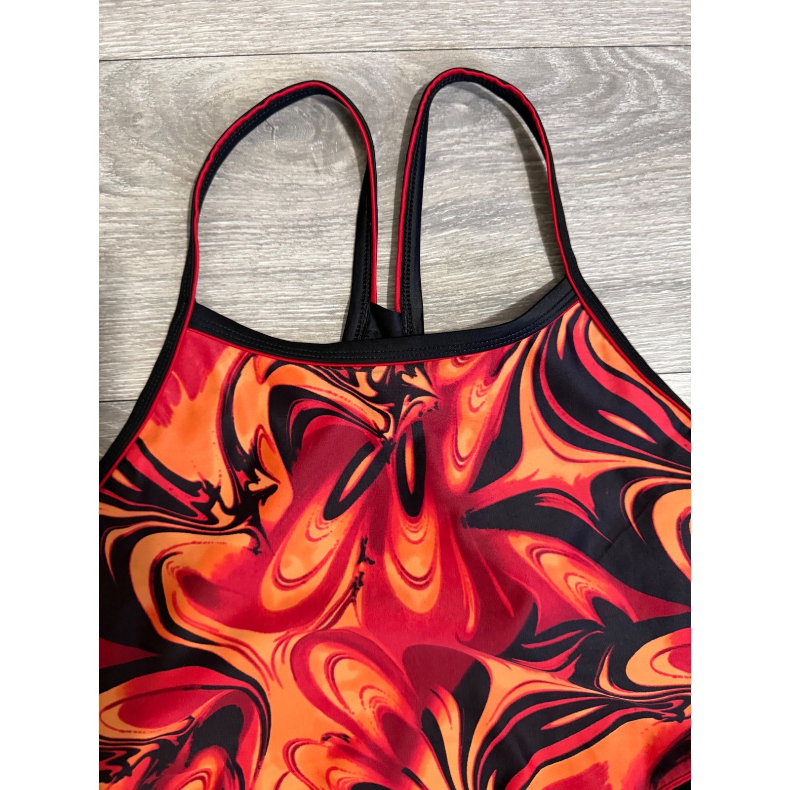 Womens Red Orange Swirl One Piece Swimsuit Size 38/12 Racerback Training Y2K