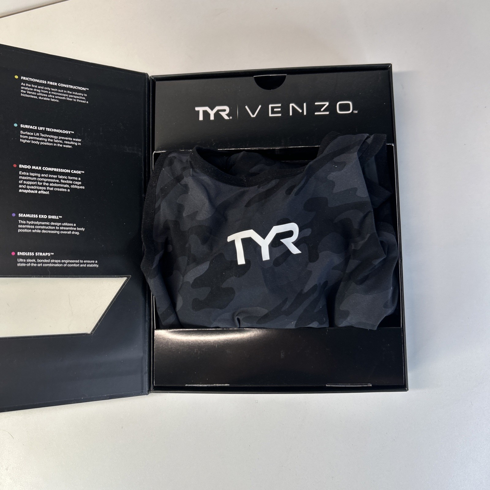 TYR Venzo Camo Women Tech Suit Size 26 Open Back Black Open Box.