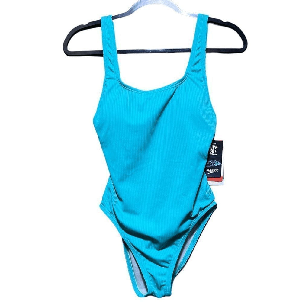 NWT Speedo Women’s 8 Rib Logo One Piece Swimsuit Ceramic Blue Size 8