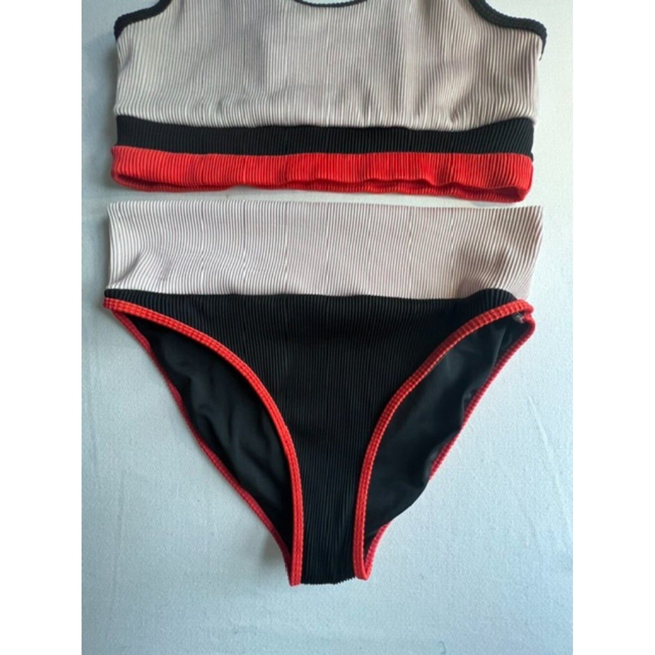 Two-Piece Bikini Set ribbed sporty color block pink black orange high waist