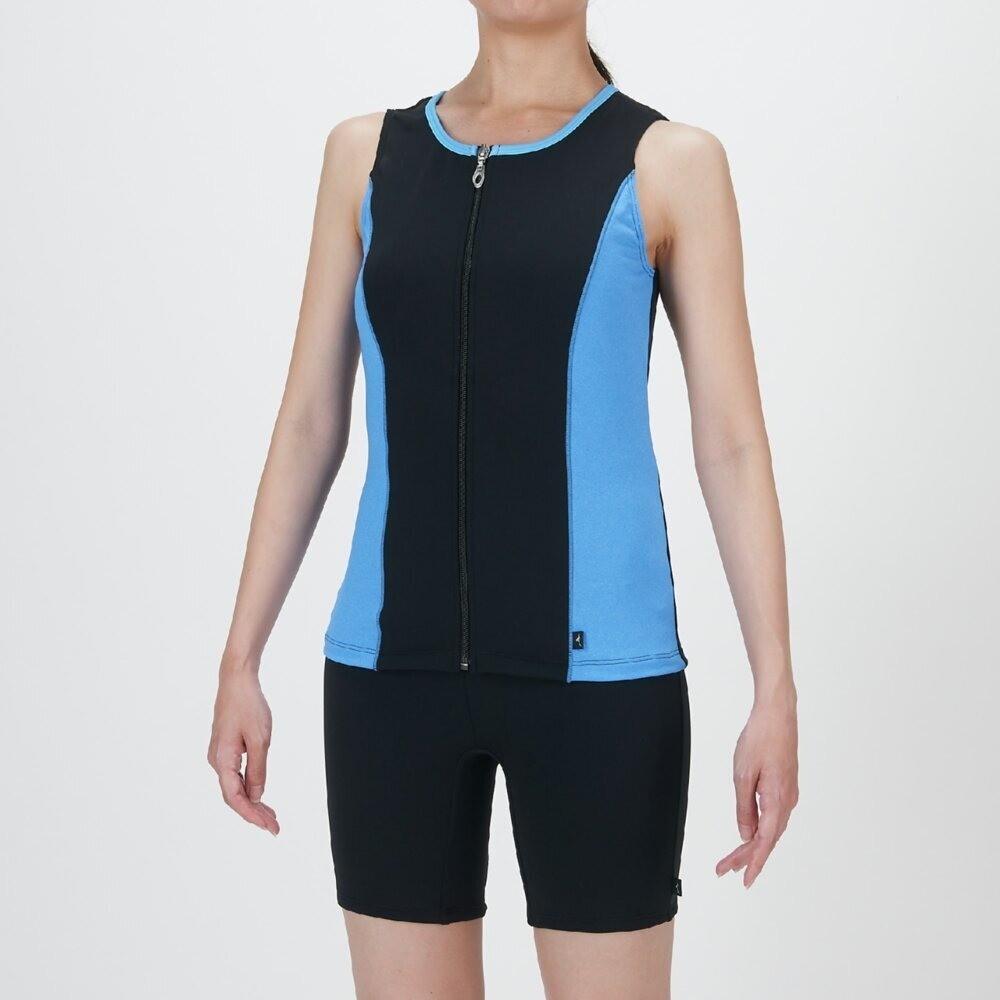 Mizuno Women’s Aqua Fitness Two-Piece Swimsuit Front Zip Tank Top Black/Sax