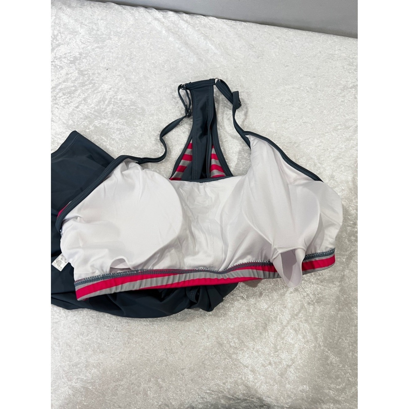 Swimsuit Tankini Top Gray/Pink Striped Built-In Bra Sz 3XL Racer-Back Style Swim