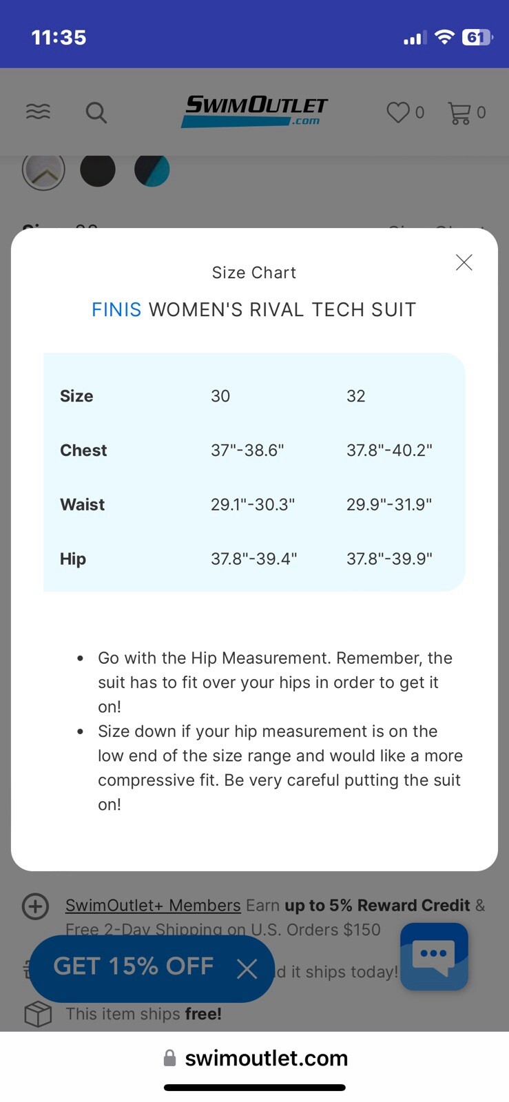 Finis Tech Suit Size 32