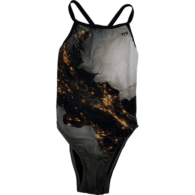 TYR NEW M Size 32 Diamondfit One Piece Swimsuit Black Grey Galaxy Print Training