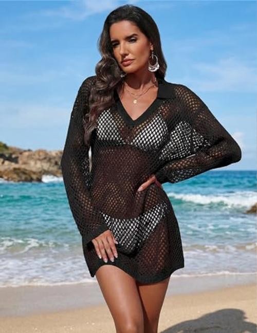 Womens Crochet Cover Ups Tops Sexy Swim Coverup 2026 Bathing XX-Large Black