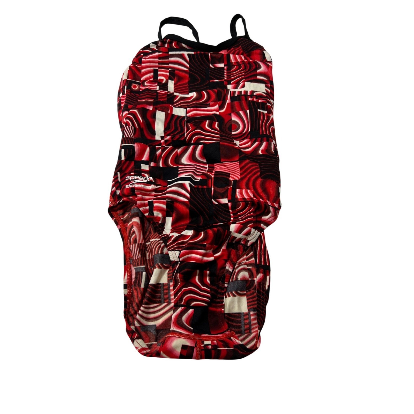 Speedo Endurance+ Womens 32 One Piece Swimsuit Red Black Swirl Geometric Cutout
