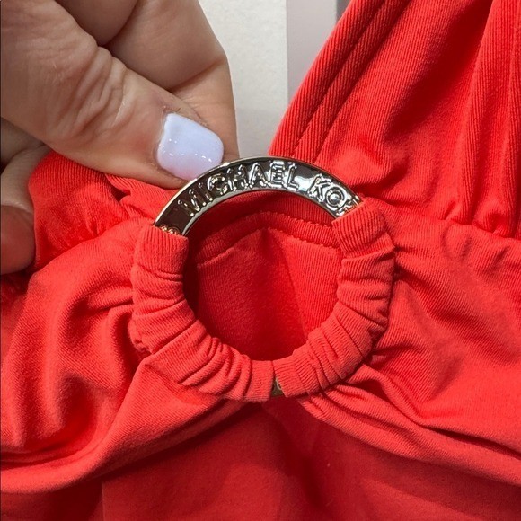 Michael Kors Womens Red V-Neck Ruched One Piece Swimsuit Gold Logo Ring Size 10