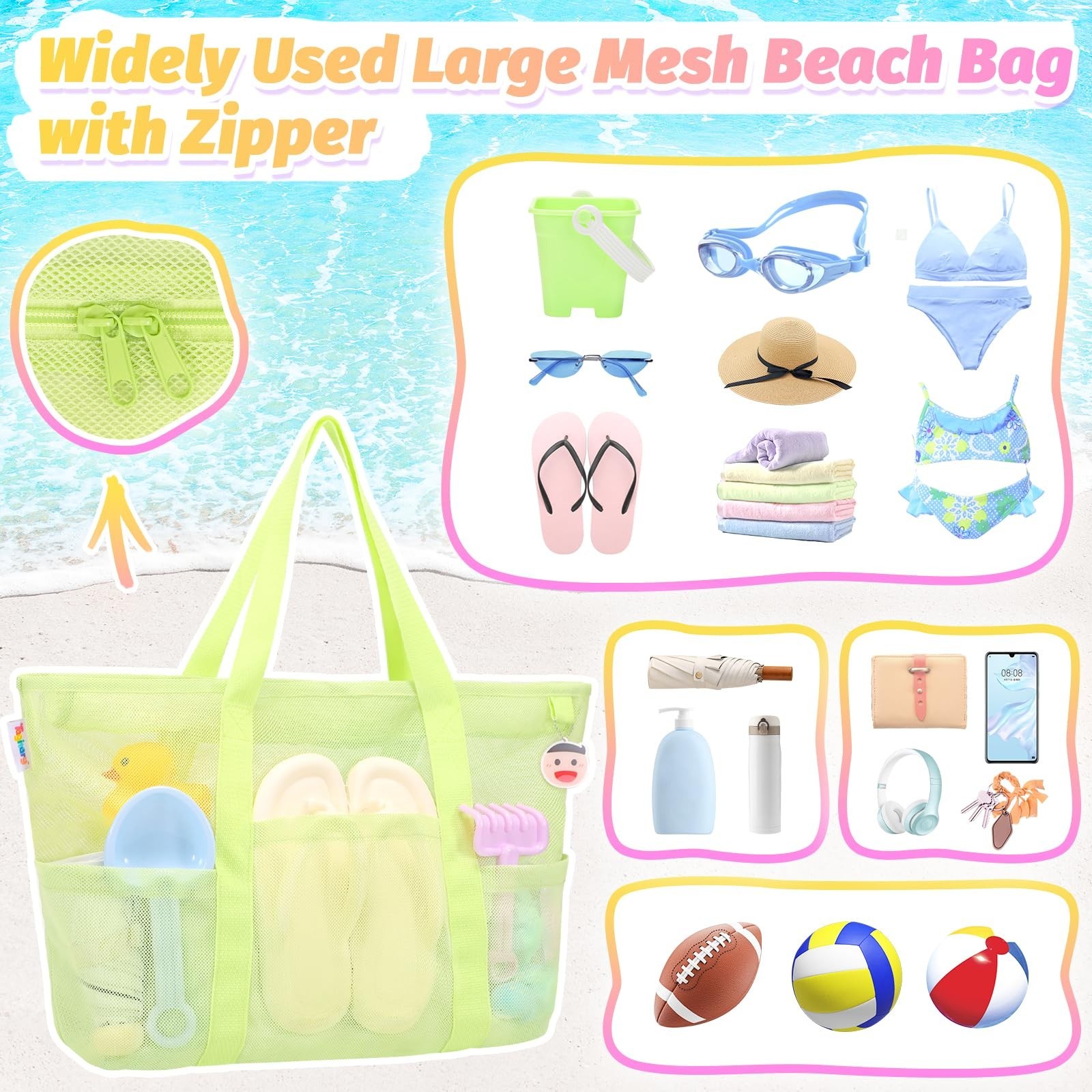 Tagitary Mesh Beach Bag with Zipper Large Beach Tote Waterproof Sandproof wit…