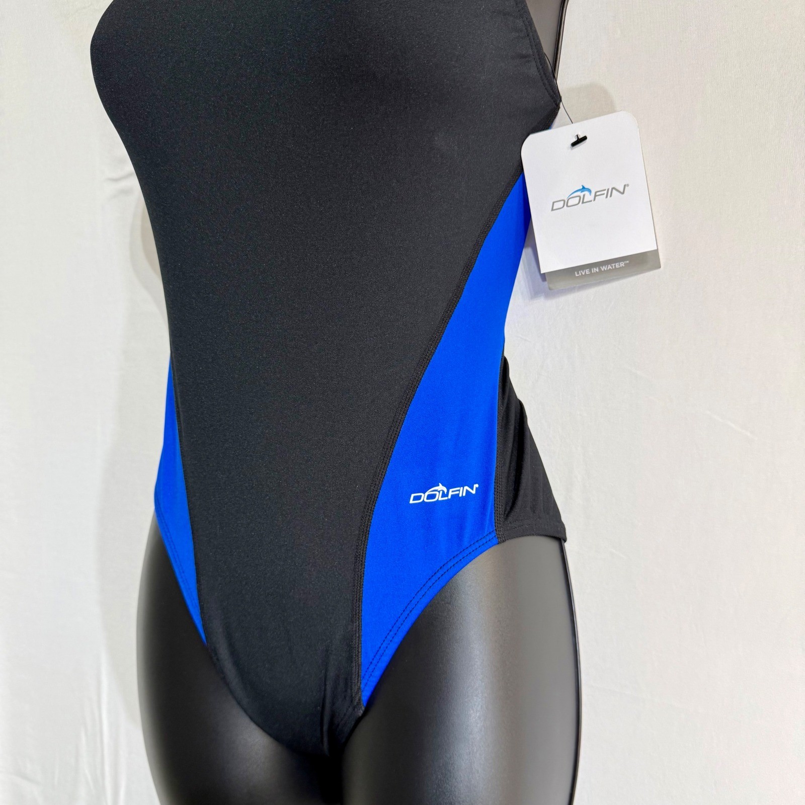 Dolfin Womens One Piece Swimsuit Black Blue Colorblock Racerback Size 34 NEW