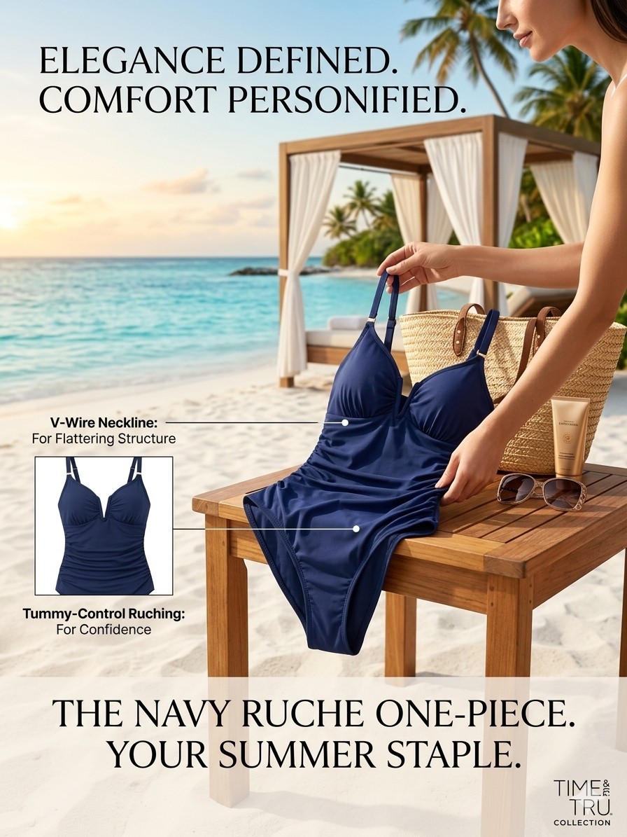 Women’s Time and Tru Swimsuit Navy Blue Size Medium 8-10 New with Tags Swimwear