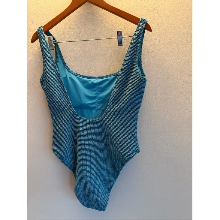 Aerie Real Good One Piece Cheeky Swimsuit Teal Blue Textured UPF 50 Size L