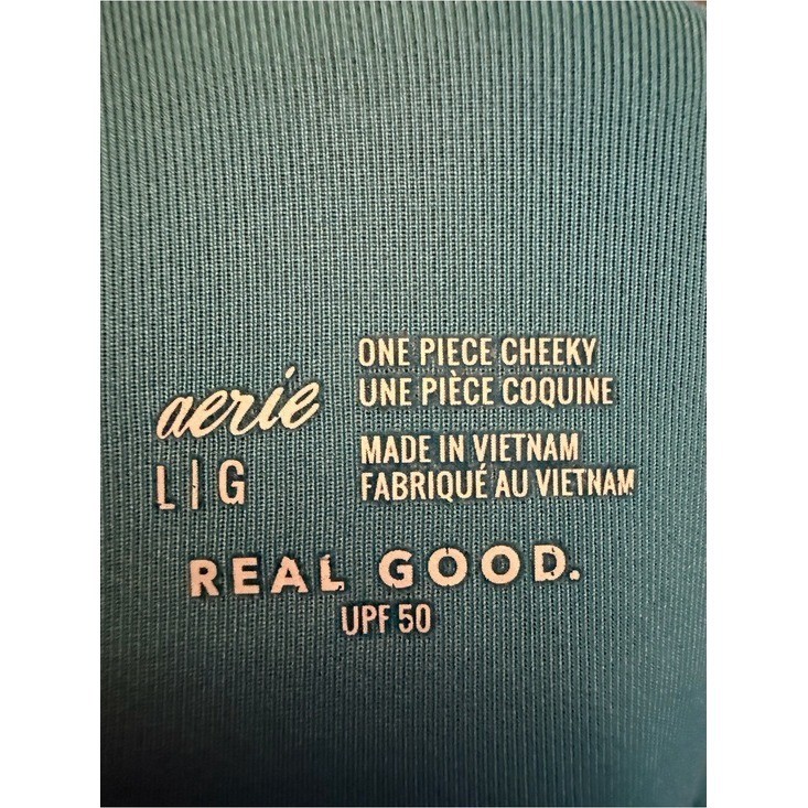 Aerie Real Good One Piece Cheeky Swimsuit Teal Blue Textured UPF 50 Size L