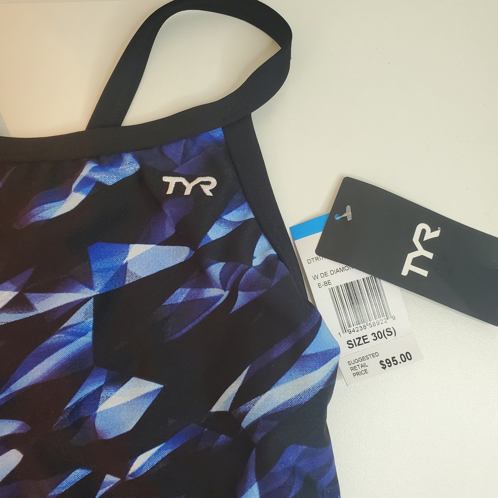 TYR Durafast Elite Diamondfit One Piece Swimsuit Blue Black Geometric Size 30 S