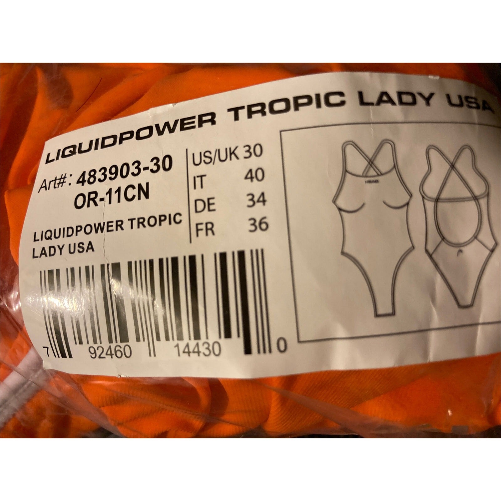 HEAD Womens Swimming Swimsuit LiquidPower Tropic Lady. Orange. Size 30. Open Box