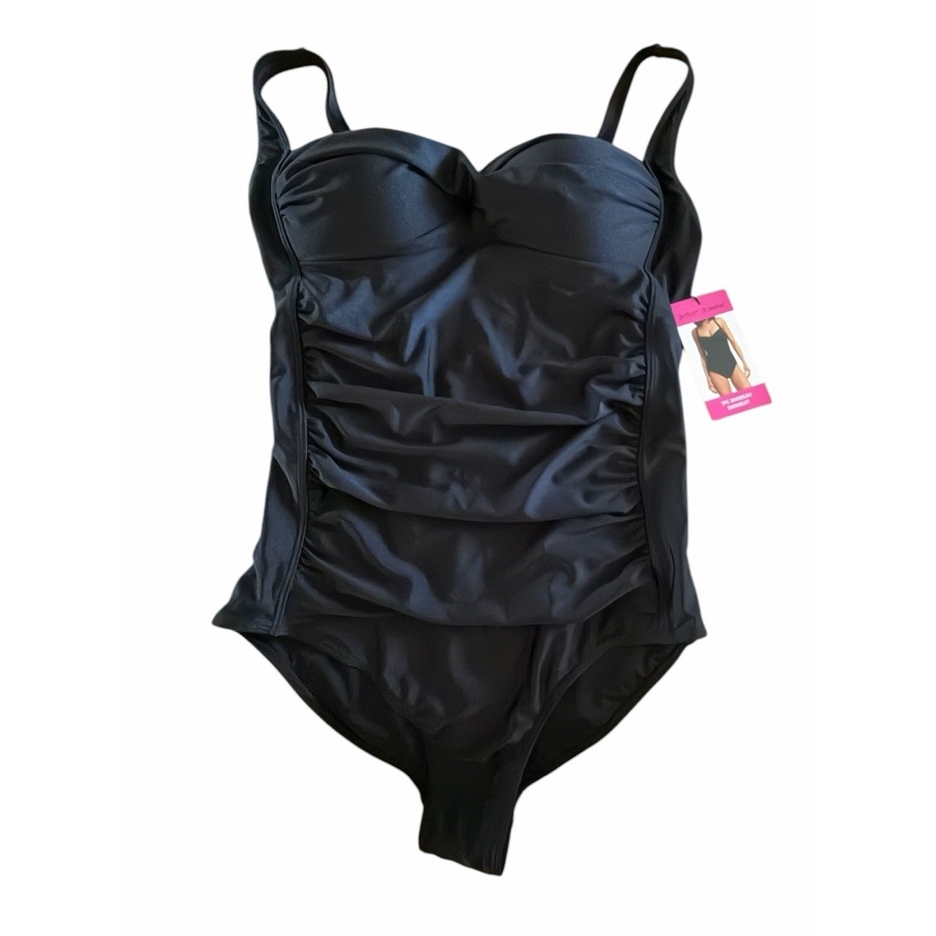 New Betsey Johnson Bandeau Top Front Ruching Black Swimsuit One Piece M
