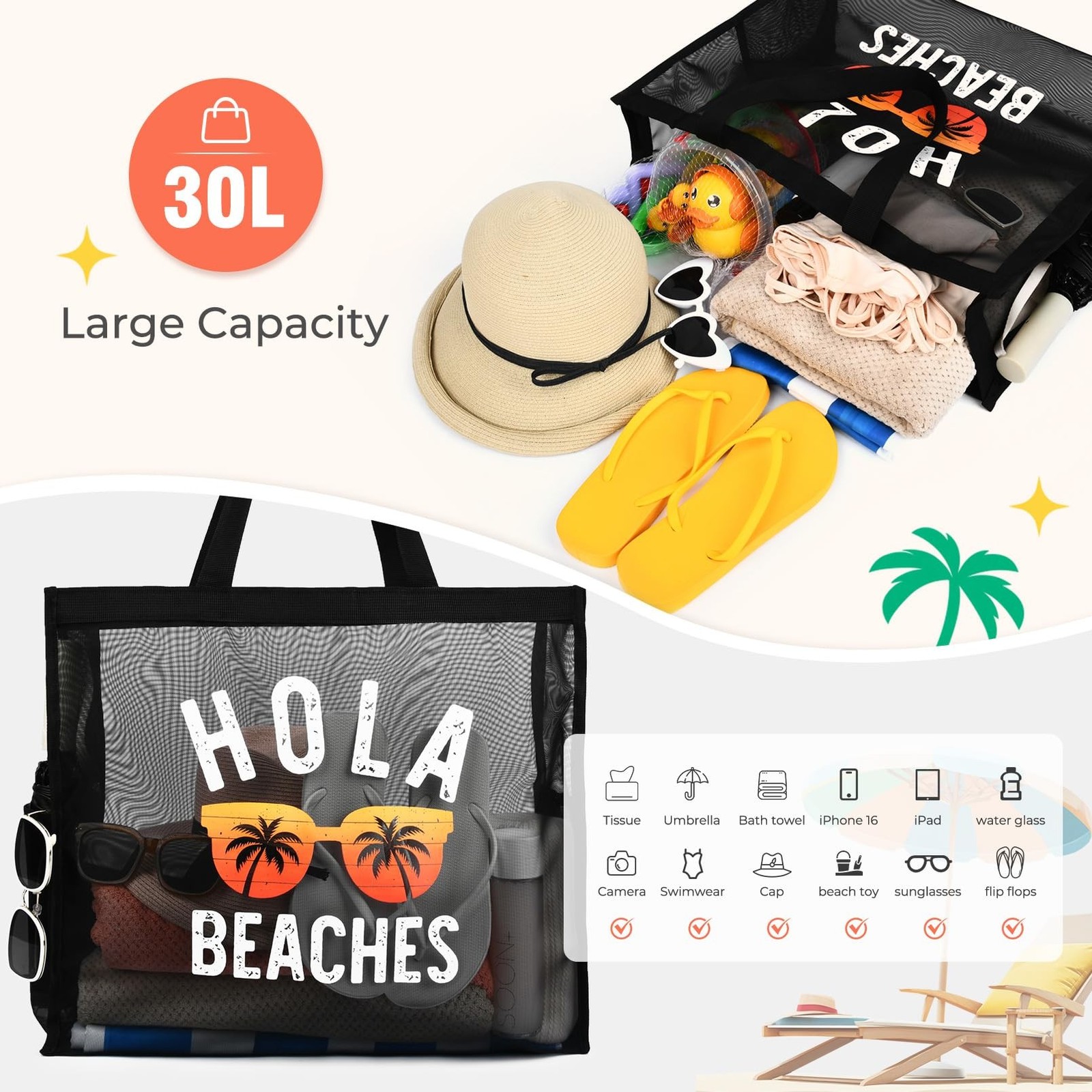 30L Large Beach Bag with Pouch Foldable Sandproof Lightweight Mesh Tote Bag w…
