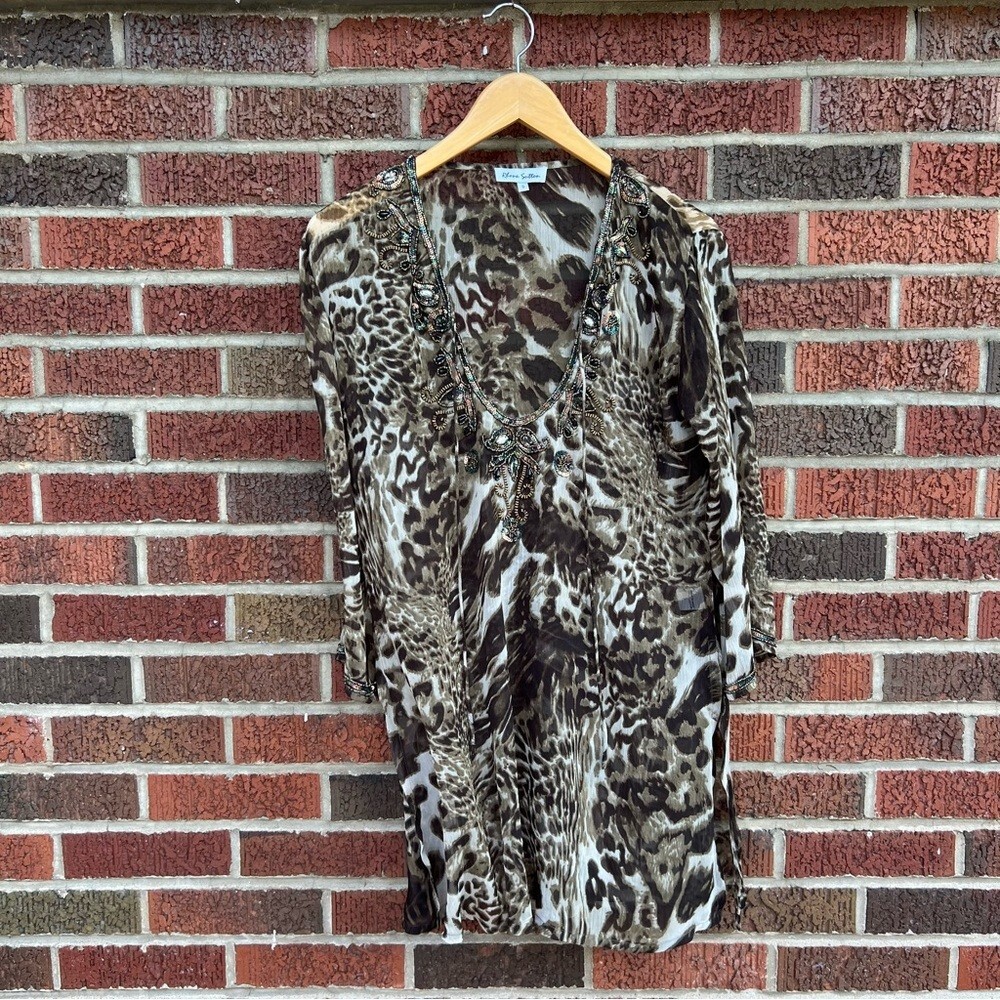 Rhona Sutton Brown and Cream Sequin Beaded Tassel Cheetah Print Chiffon Cover Up