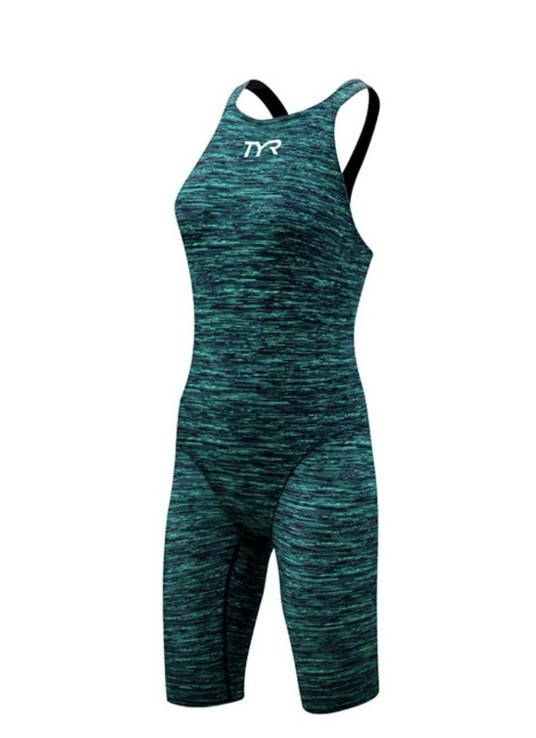 TYR Women’s Thresher Baja Open Back Sz 20 Kneeskin Swimsuit FINA Approved Green