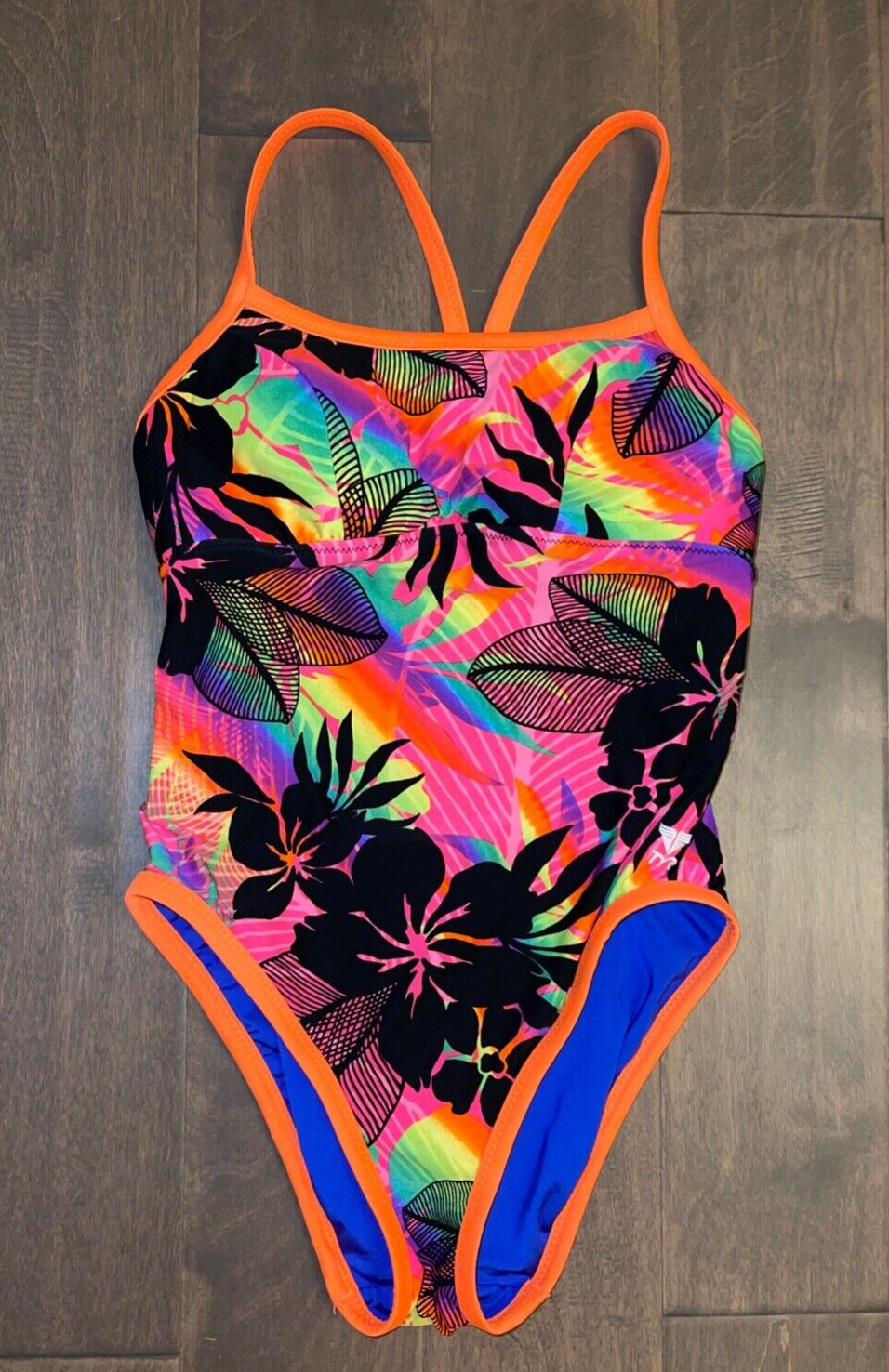 TYR Womens Neon Tropical Flower Blue Reversible One Piece Swimsuit XXS- XS used