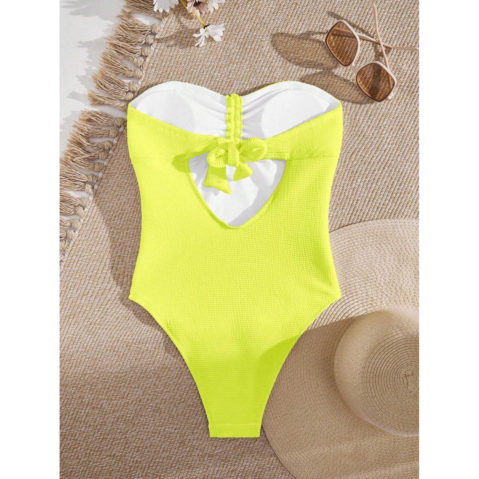 Women’s XL Neon Yellow One-Piece Strapless Swimsuit With Drawstring, Bathing Su
