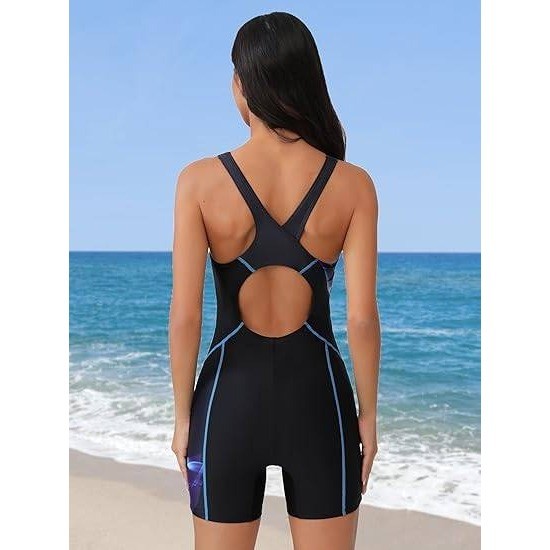 MSRP $37 ATTRACO Womens Blue Curve XL Boyleg Sport One Piece Swimsuit Athletic