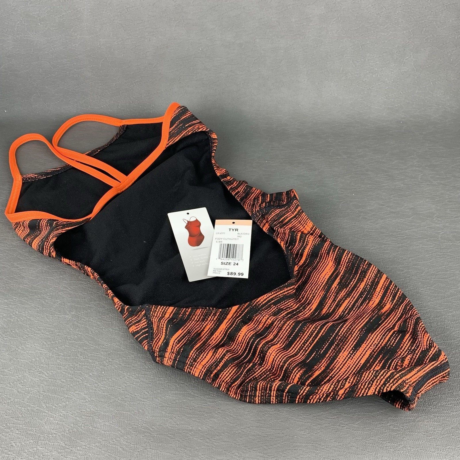 TYR Women’s Fizzy Cutoutfit E-BB Swimsuit Size 24 Black and Orange NWT