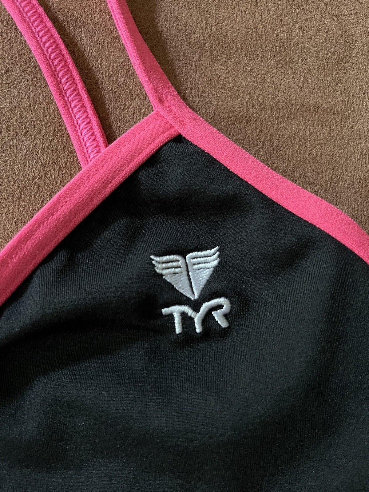 TYR Bikini Top Athletic Crisscross Strappy Black W/ Pink Trim Swimwear S (4/6)