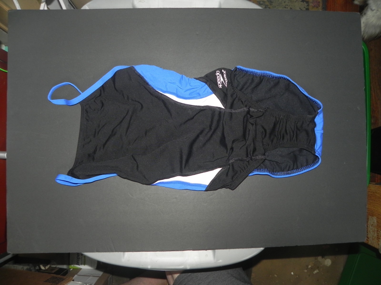 t10 Speedo Women’s Edge Splice Crossback Swimsuit Black White & Blue Size 30