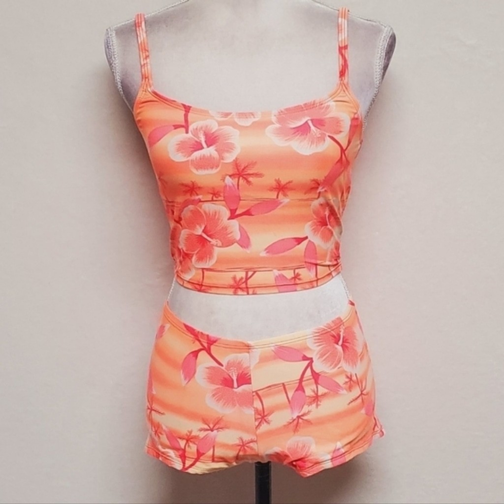 No Boundaries Vintage 90s Neon Orange Pink Tankini Boyshorts Two-Piece Bikini