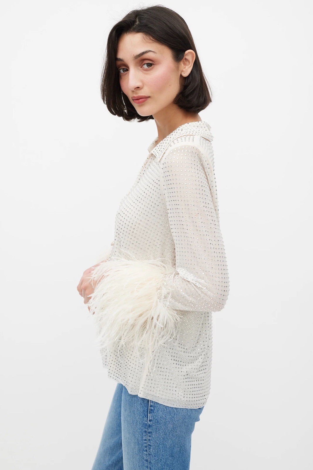 NWOT Self-Portrait Cream Rhinestone Mesh Feather Trimmed Shirt US6 $530