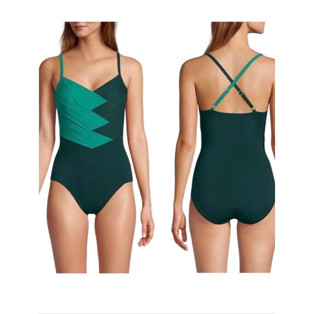 Land’s End SlenderSuit Pleated Low Leg One Piece Swimsuit Size 16 Green