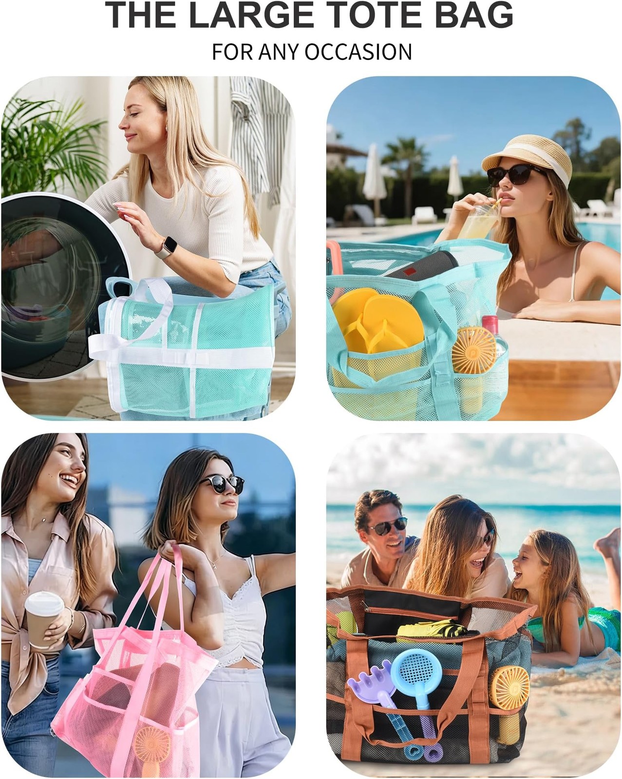 Genteen 40L Mesh Beach Bag, Foldable Sandproof Tote with Waterproof Pocket Qu…