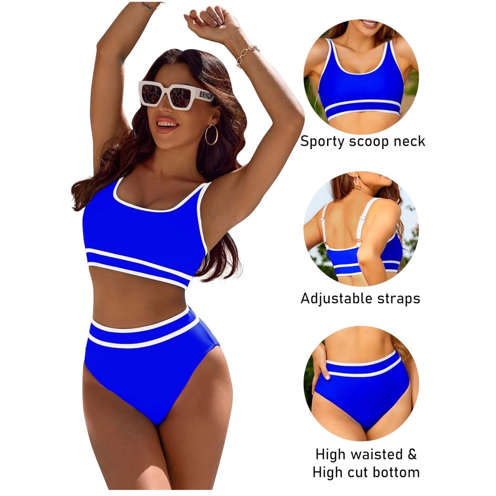BMJL Womens Royal Blue White Trim High Waist Bikini Set Size M