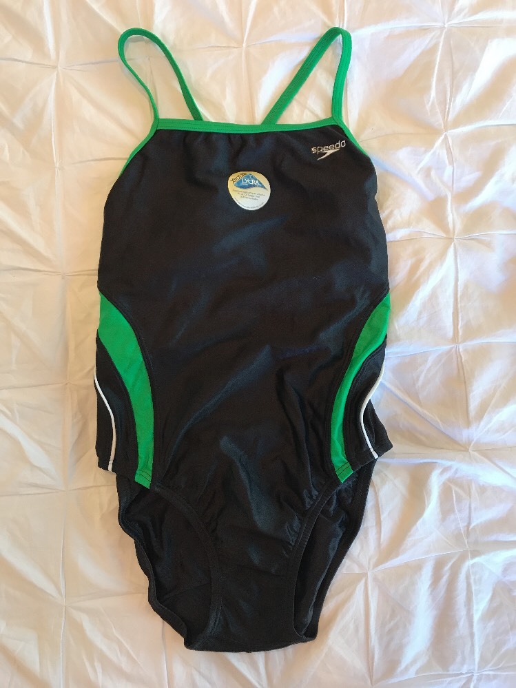 New Womens Speedo Rapid Spliced Energy Back PowerFLEX Swim Black Green 8/34 $74