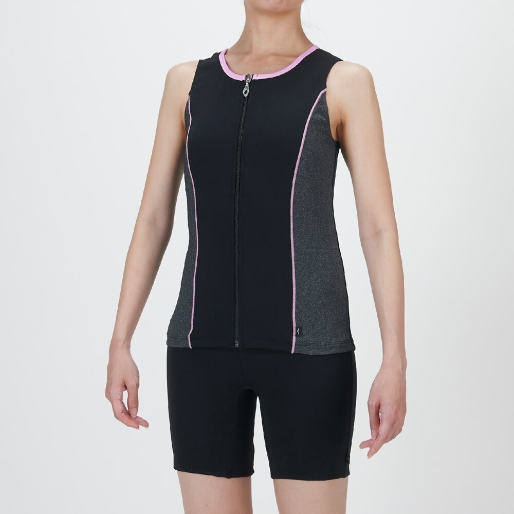 Mizuno Women’s Aqua Fitness Two-Piece Swimsuit Front Zip Tank Top Black/Pink