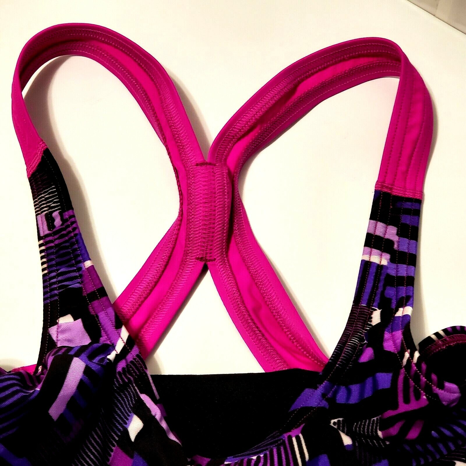 Speedo Pro Women One Piece Swimsuit Stripe Open Back Purple Pink Swim Geometric