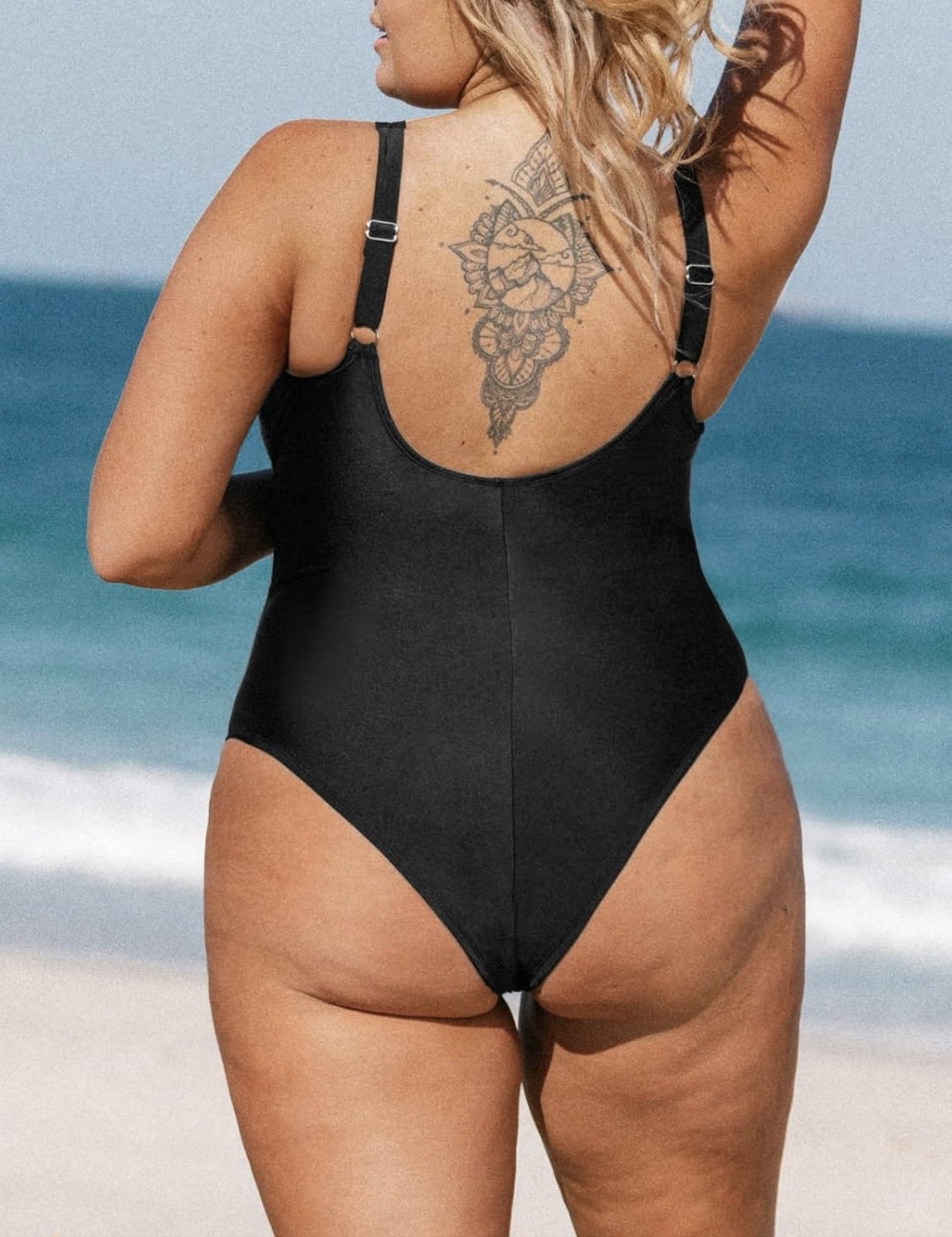 CUPSHE Black One Piece Swimsuit Plus Size 1X V-Neck Mesh Tummy Control