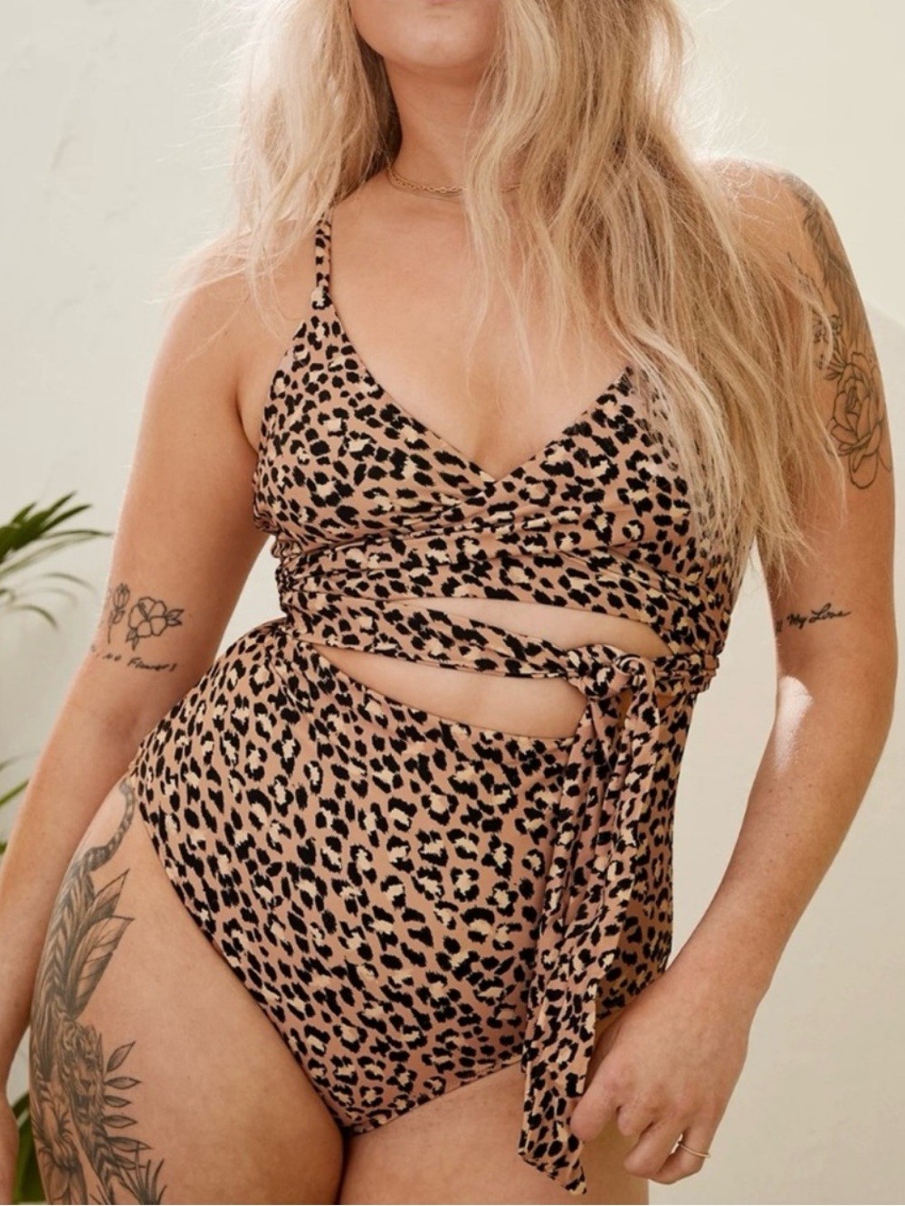 Aerie Leopard Wrap One Piece Swimsuit Tan Black Size L