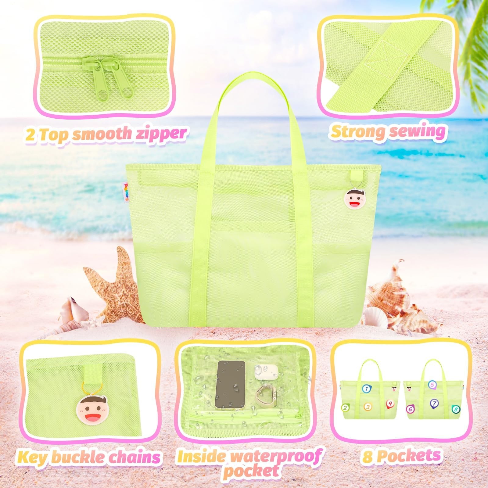 Tagitary Mesh Beach Bag with Zipper Large Beach Tote Waterproof Sandproof wit…
