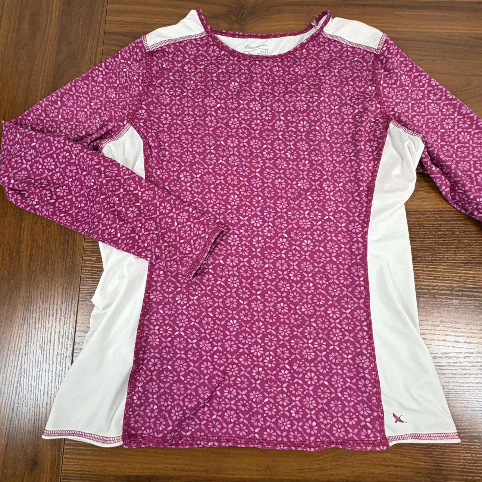 Eddie Bauer Long Sleeve Amphib Rashguard Swim Top Berry Pink Floral White Large