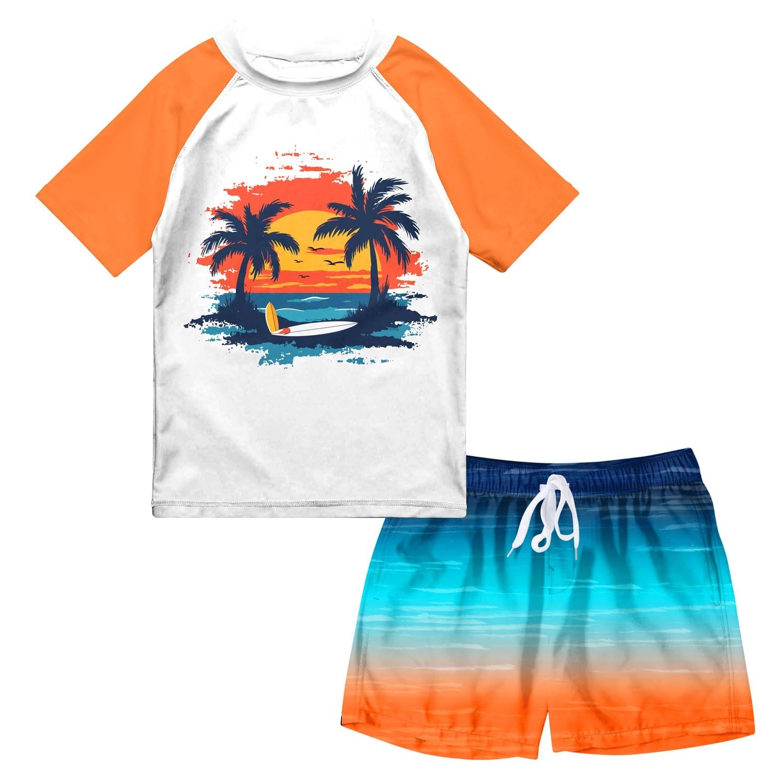 Boys Two Piece Rash Guard Swimsuits Sets Bathing Suits with Trunks 4-12 Years