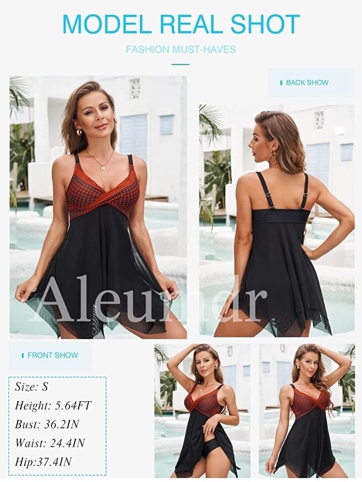 Aleumdr Women Retro Polka Dot Mesh Print Swimsuit Two Piece Tankini Swimdress S